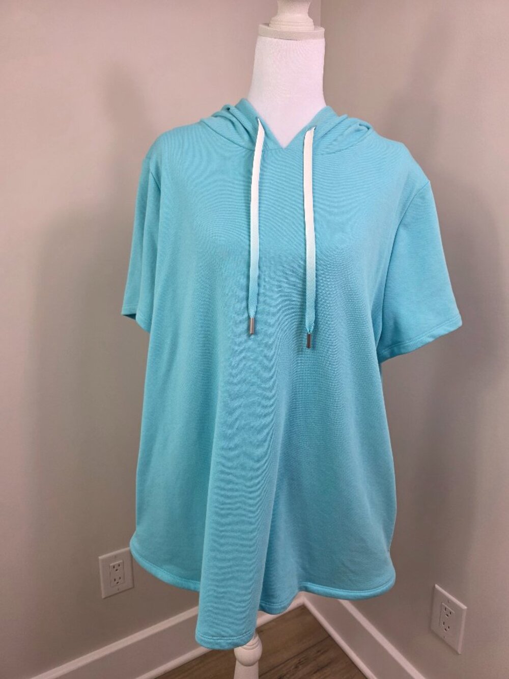 Lane Bryant LIVI French Terry Short Sleeve Hoodie Blue Aqua V-Neck Plus 14/16